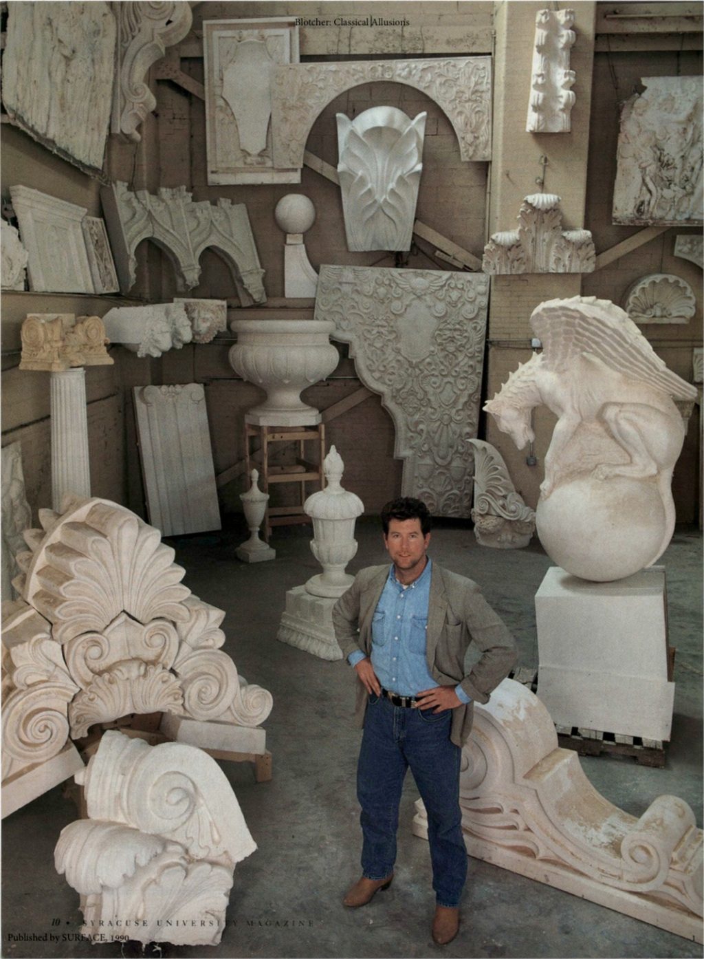 Color photo of sculptor Mike MacLeod in his studio from page of Syracuse University Magazine